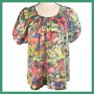 Philosophy Republic Clothing Floral Print Smocked Neck Short Sleeve Top Size XS